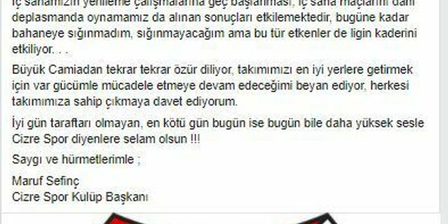 Cizrespor başkanı Sefinç: Takımı en iyi yere getirmek boynumun borcudur