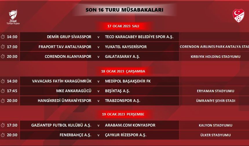 Ziraat Türkiye Kupası Son 16 Turu maç programı belli oldu